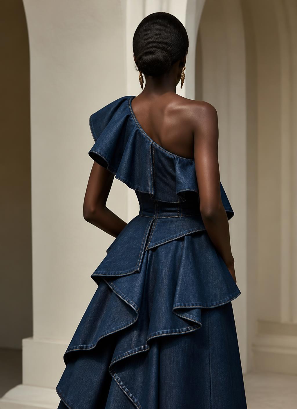Femme de dos portant une robe en denim couture à volants superposés